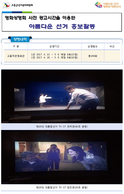 영화상영회 사전 광고시간을 이용한 아름다운 선거 홍보활동